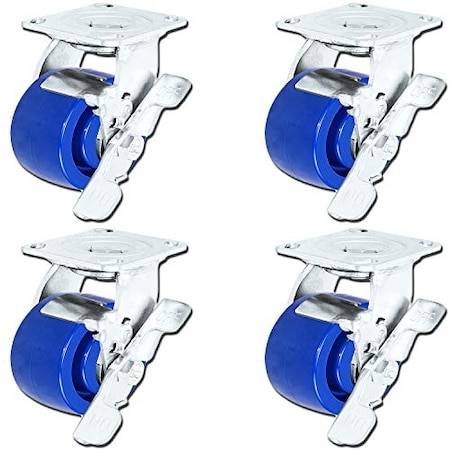 Casterhq 4"x2" Stainless Steel Caster Swivel Casters W/ Locking Br, PK4 HD-SSSP-4SB